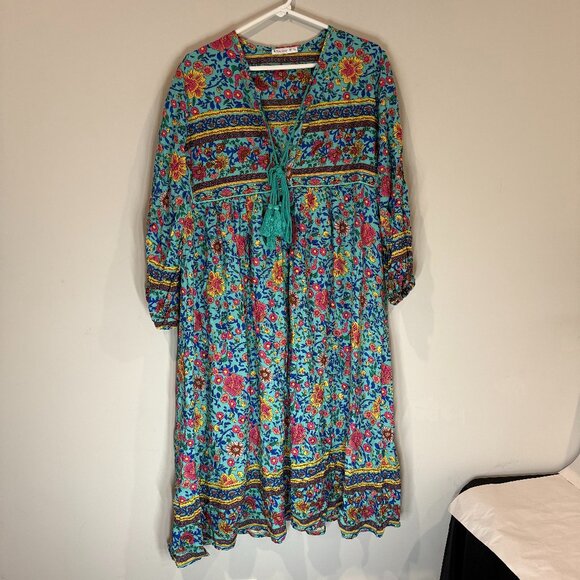 New R Vivimos NEW Aqua Blue Floral Midi Dress Long Sleeve Bohemian Women’s L - Picture 2 of 4